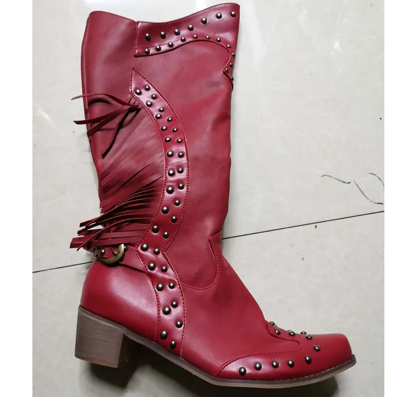 Women's rivets tassels knee high boots vintage studded fringe boots