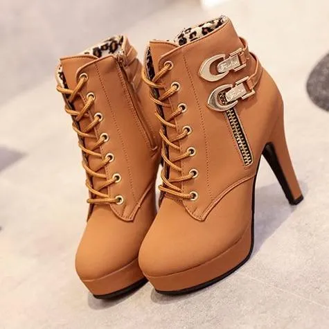 Women's sexy stiletto high heel platform booties zipper front lace ankle boots