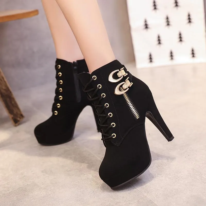 Women's sexy stiletto high heel platform booties zipper front lace ankle boots