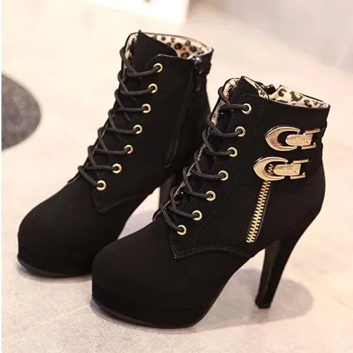 Women's sexy stiletto high heel platform booties zipper front lace ankle boots