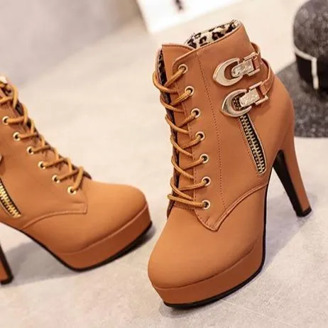 Women's sexy stiletto high heel platform booties zipper front lace ankle boots